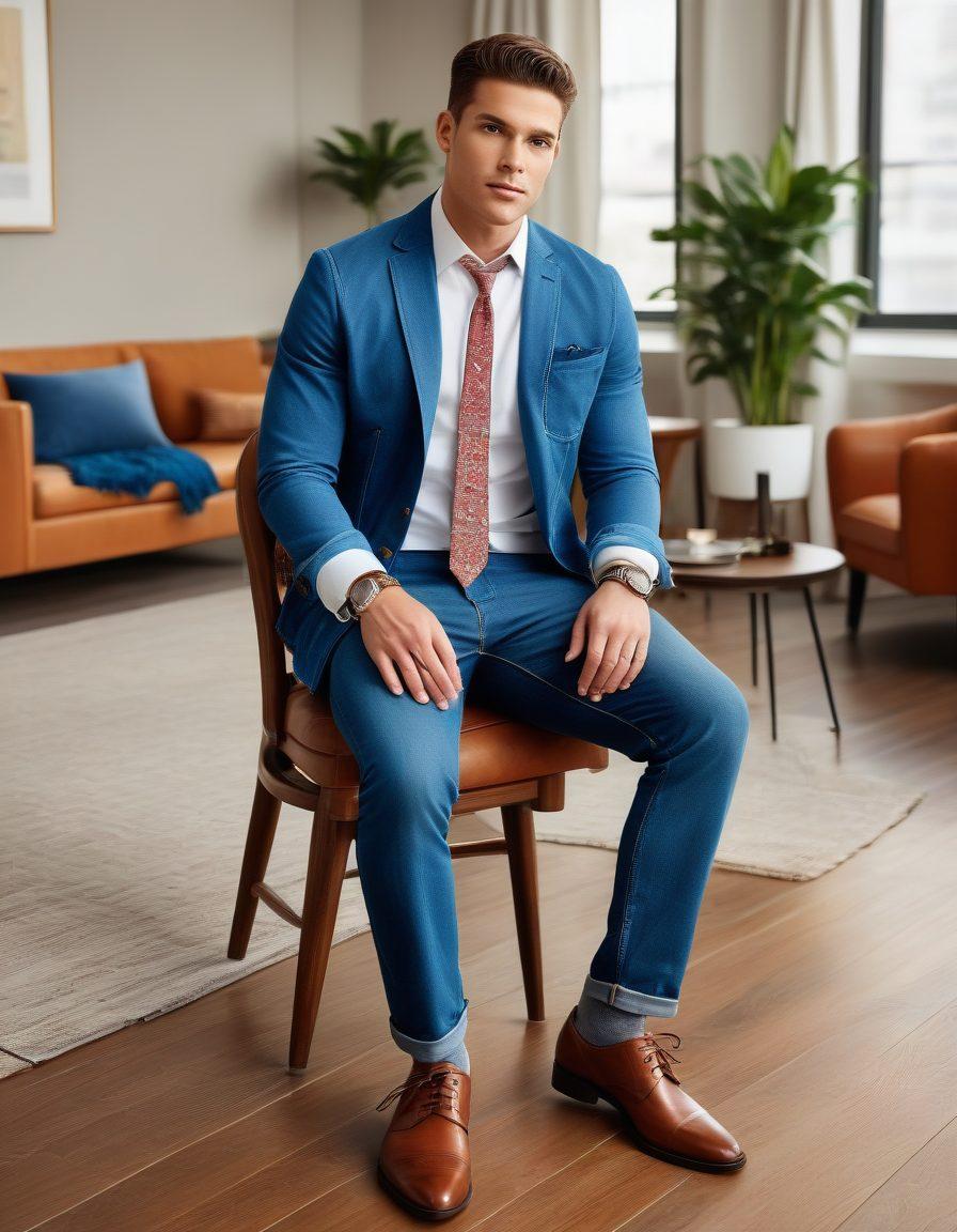 A stylish split image showcasing two outfits: one side featuring a relaxed casual outfit with jeans and a t-shirt in a cozy setting, and the other side displaying a sophisticated formal attire, like a tailored suit, in an elegant environment. Include accessories that symbolize transition, like a tie on the casual side and a watch on the formal side. Bright, inviting colors to enhance the transition theme. vector art. vibrant colors.