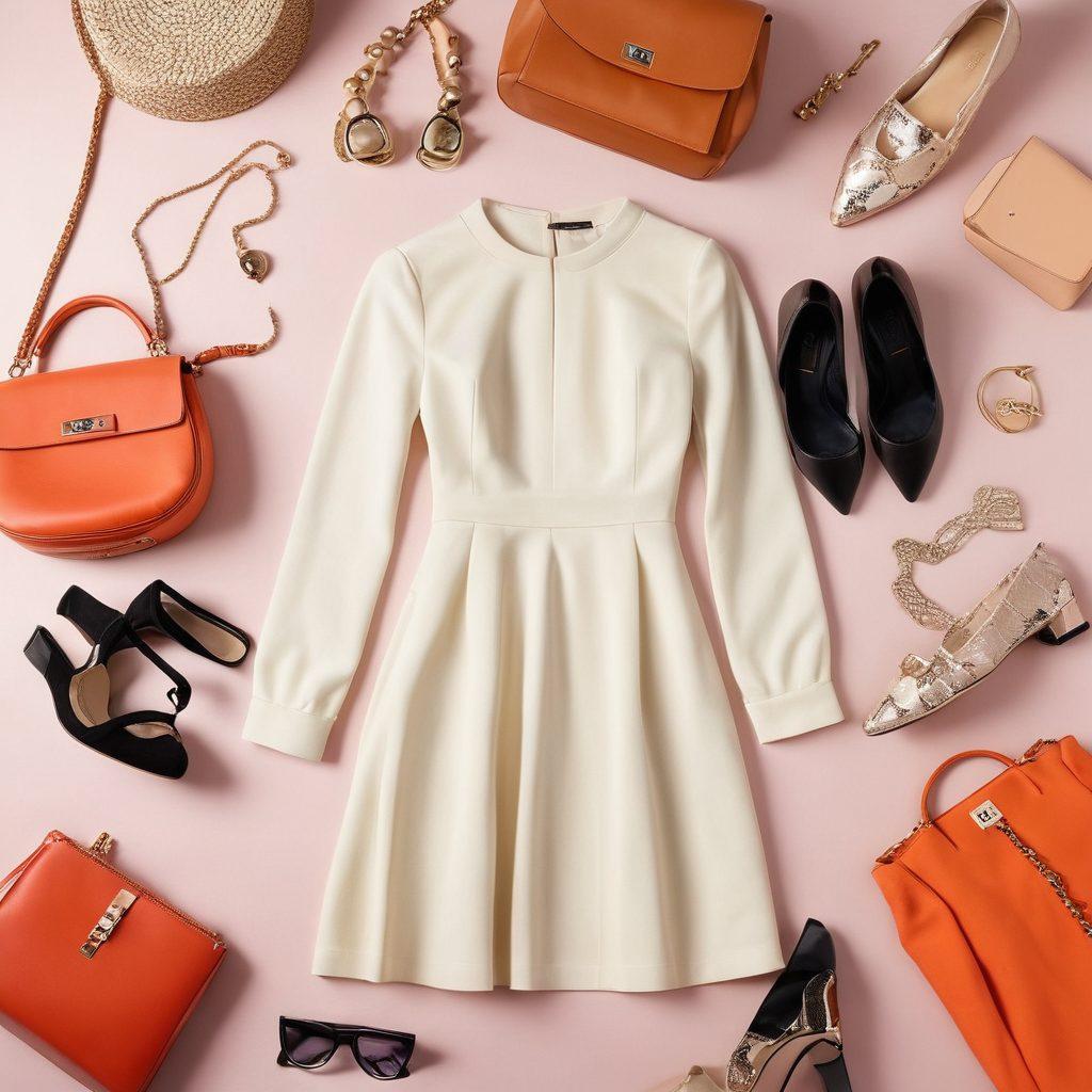 A captivating flat lay of an array of fashionable dresses, showcasing different styles for various occasions, from casual to formal. Incorporate vibrant colors, textures, and accessories like shoes and handbags to highlight the versatility of each dress. Add a stylish touch with soft lighting and elegant backgrounds, evoking a sense of sophistication and contemporary fashion. Capture the essence of trends and creativity in fashion design. super-realistic. vibrant colors. soft background.